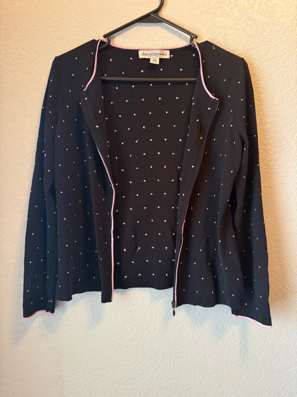 David Brooks Petites Polka Dot Cardigan Black Pink Trim Vintage PM (Read)